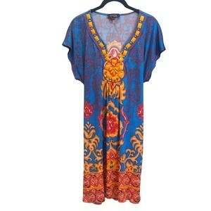 Hale Bob Silk Cabana Dress Blue Orange Paisley Print Embellished V Neck M